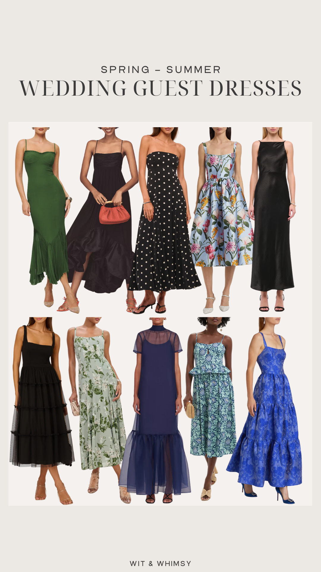 Collage of spring and summer wedding guest dresses