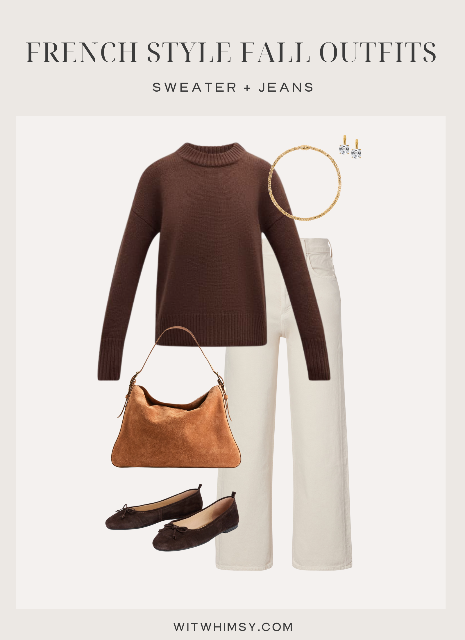 trench coat fall style French fall outfit with brown sweater, ivory jeans, ballet flats, and suede shoulder bag