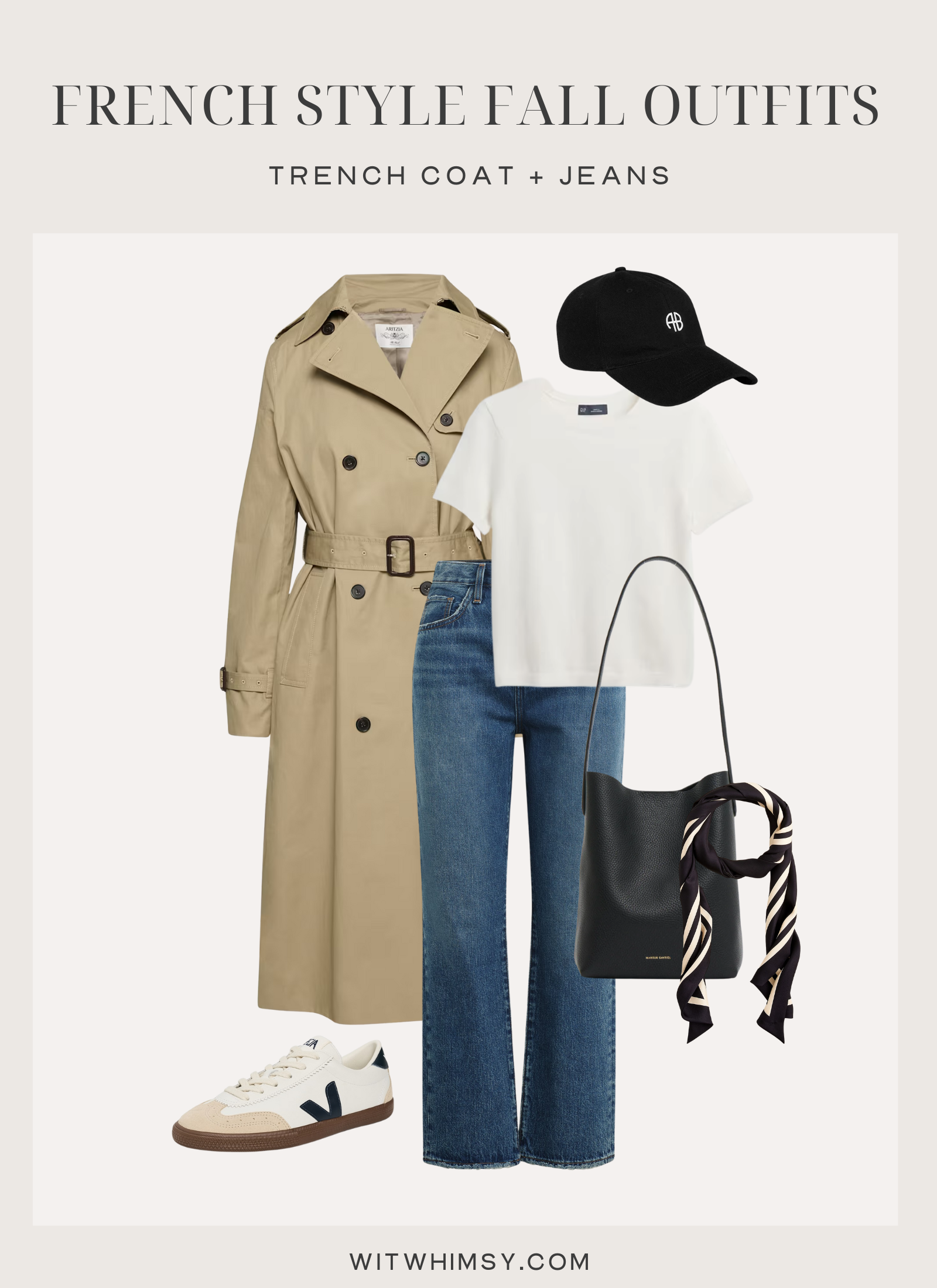 trousers and cropped jacket French fall outfit with trench coat, blue jeans, t-shirt, Veja sneakers, and bucket bag with scarf