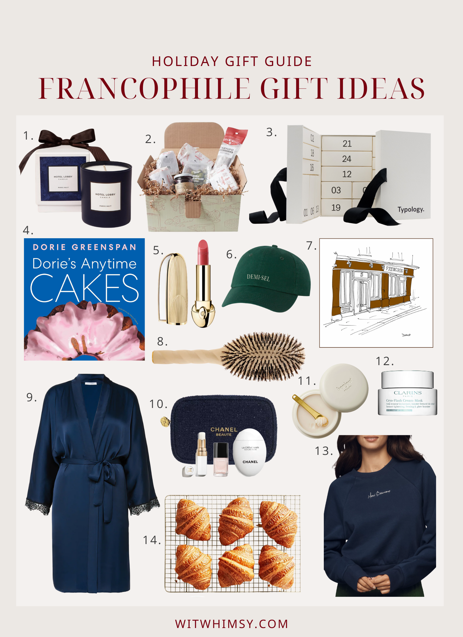 Flat lay of elegant French-inspired holiday gifts titled “Francophile Gift Ideas” from hydiaqui.top. Includes a Paris-scented candle, Murray’s Cheese French gift box, Typology advent calendar, Dorie Greenspan cookbook, Guerlain Rouge G lipstick, green “Demi Sel” hat, Paris café sketch print, La Bonne Brosse hairbrush, Simone Pérèle satin robe, Chanel beauty travel set, Le Balm solid serum, Clarins Cryo-Flash mask, embroidered navy sweatshirt, and Le Marais croissants & jam box.