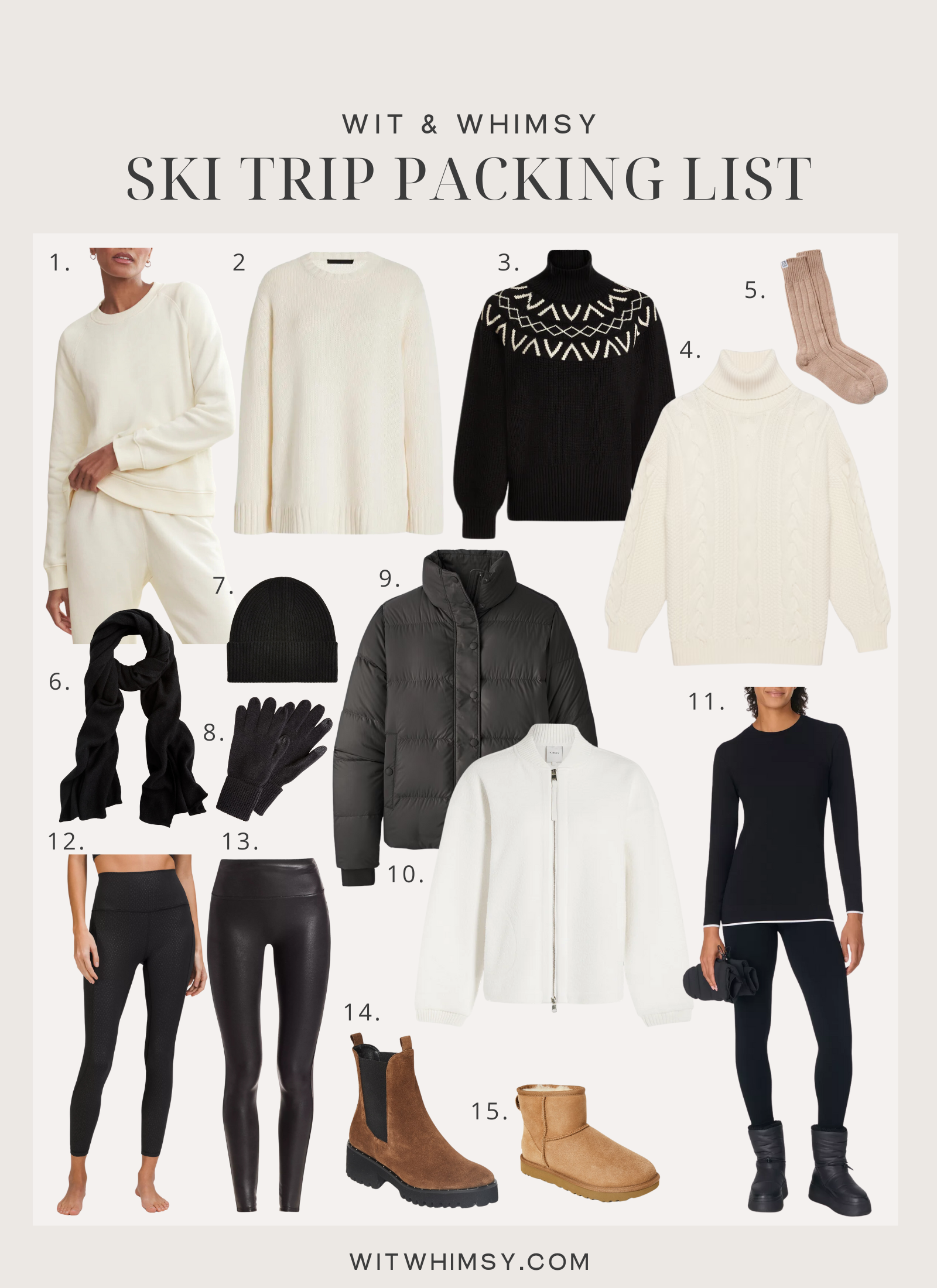 Vail ski trip packing list featuring cozy winter travel outfits including knit sweaters, turtlenecks, puffer jacket, scarf, beanie, gloves, leggings and winter boots curated by wit & whimsy